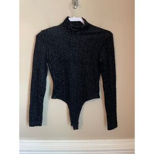 AZUR Vtg 90s Y2K Size M Black Velvet Burnout Mock Neck Bodysuit Goth Whimsigoth